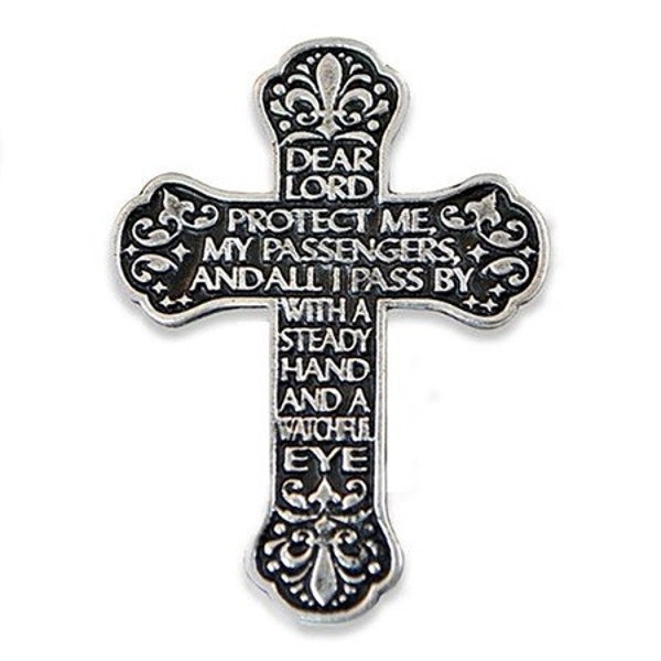 Motorist Travel Visor Clip - Motorist Prayer Cross- Pewter Visor Clip - Car Driving Protection