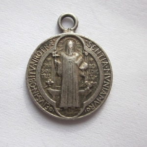 Saint  Benedict Antique Religious Medal on 18&quot; sterling rolo chain