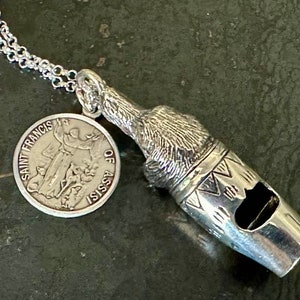 Saint Francis Sterling Medal & Dog Whistle Pendant - Religious Necklace