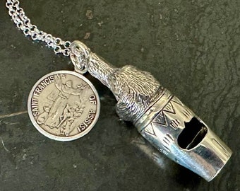 Patron Saint FRANCIS Sterling Religious Medal & Dog Whistle Pendant on 20 inch sterling rolo chain