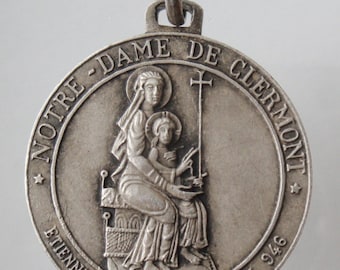 Pendentif médaille religieuse vintage Notre-Dame de Clermont sur chaîne rolo en argent sterling 18 pouces