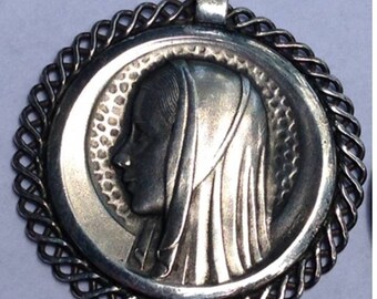 Large Vintage Holy Mary signed by C. CHARL Silver Religious Medal on 18" sterling silver rolo chain