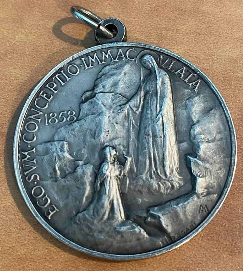 Immaculate Conception Brotherhood Virgin of Lourdes Large Vintage Religious Medal Pendant by Pagani on 20 sterling silver rolo chain image 1