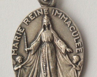 Mary Queen Immaculate Marie Reine Imaculee Vintage Religious Medal on 18" sterling silver rolo chain