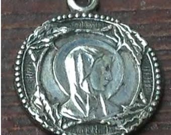 Antique Holy Virgin Mary of Lourdes Vintage Round Religious Medal Pendant on 18" sterling silver rolo chain