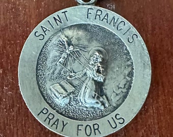 St. Francis of Assisi PRAY FOR US Sterling Silver Religious Medal on 18 inch sterling silver rolo chain