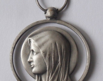 Mother Mary Opencut Vintage Notre Dame of Lourdes Religious Medal Pendant on 18" sterling silver rolo chain