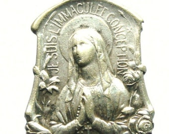 Art Nouveau Antique Religious Medal Pendant to Mary Immaculate on 18" sterling silver rolo chain