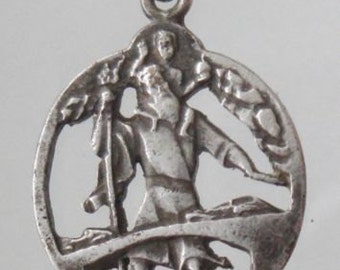 Pendentif médaille religieuse vintage Saint Christophe Opencut sur chaîne rolo en argent sterling de 18 pouces