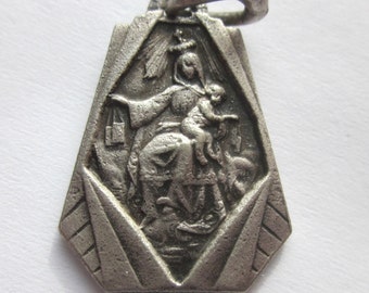 Sacred Heart Virgin Mary Scapular Antique Religious Medal on 18" sterling silver rolo chain