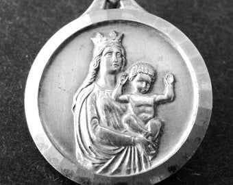 Our Lady of the Guard & Baby Jesus Vintage Religious Medal on 18" sterling silver rolo chain