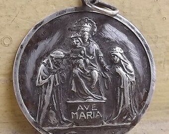 Ave Maria Vintage Silver Religious Medal on 18" sterling silver rolo chain