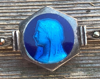 Holy Virgin Mary Vintage Brooch with Blue Enamel Marcasite Stones Religious Medal Silver Jewelry