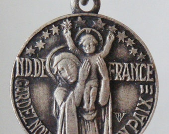 Vintage Our Lady of France Jewelry Religious Medal Pendant on 18" sterling silver rolo chain