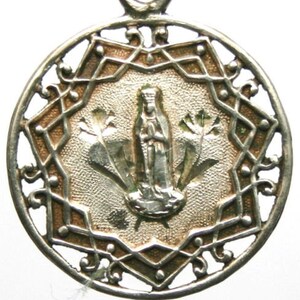 Antique Silver Religious Medal to Notre Dame of Lourdes on 18 sterling silver rolo chain image 1