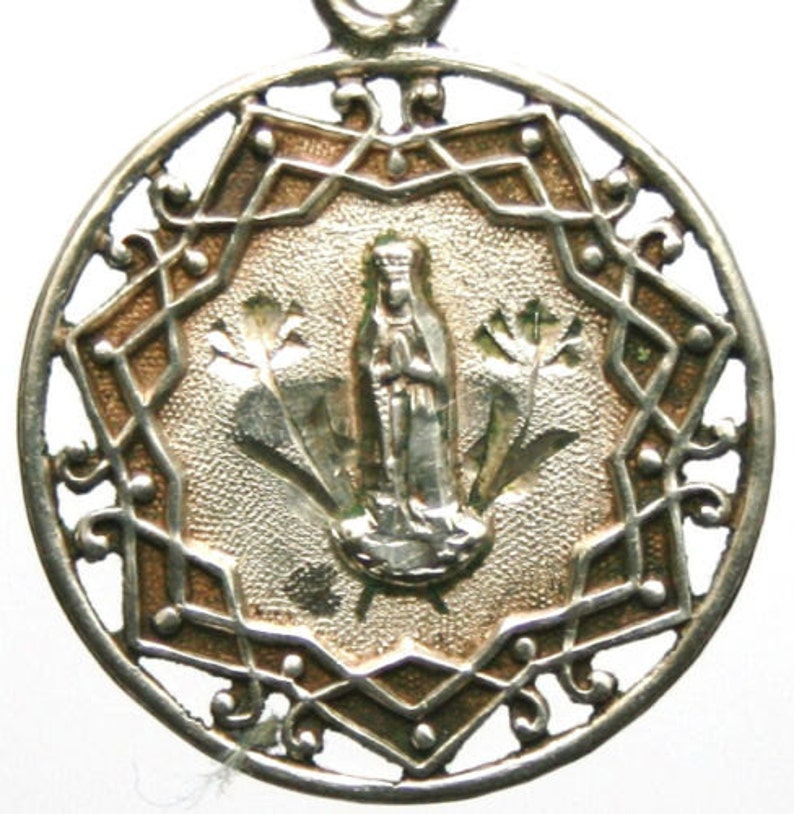 Antique Silver Religious Medal to Notre Dame of Lourdes on 18 sterling silver rolo chain image 1