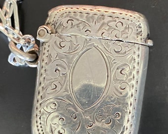 Vintage Vesta Case - Large - Detailed Engravings - Pendant on 24 in Sterling Silver 4.6mm Paperclip Chain