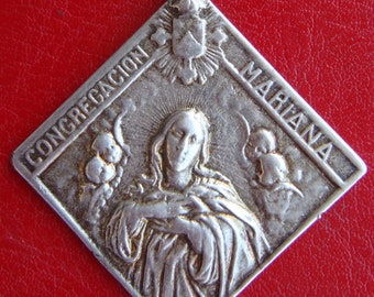 Vintage CONGREGACION MARIANA Ana Maria Large Silver Jewelry Religious Medal Pendant on 18" sterling silver rolo chain