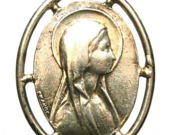 HOLY VIRGIN Mary of Lourdes Antique Silver Religious Medal Pendant on 18" sterling silver rolo chain