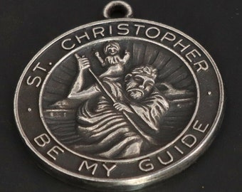 Saint Christopher - Be My Guide - Episcopal - Vintage Sterling Religious Medal Pendant on 18 inch sterling silver rolo chain