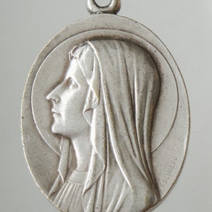 Vintage Virgin Mary Medal Pendant: Signed Religious Jewelry, 18&quot; Sterling Silver Chain