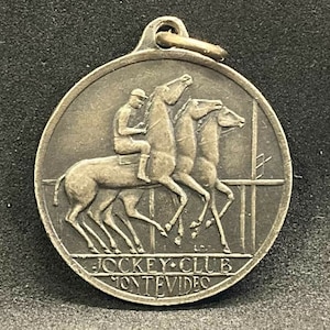 Vintage Jockey Club Medal: 1956 Uruguay, Red Enamel, Sterling Silver Chain