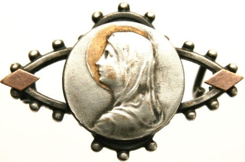Broche Originale Sainte Vierge Avec Décor Floral En Argent Sterling - Occasion