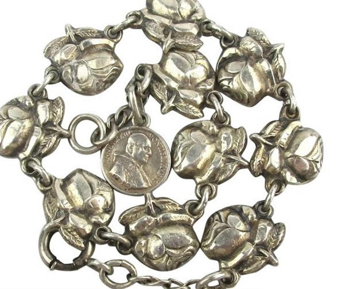 Vintage Roses Patron Saints Pope John Silver Rosary Medals 10 Roses 71