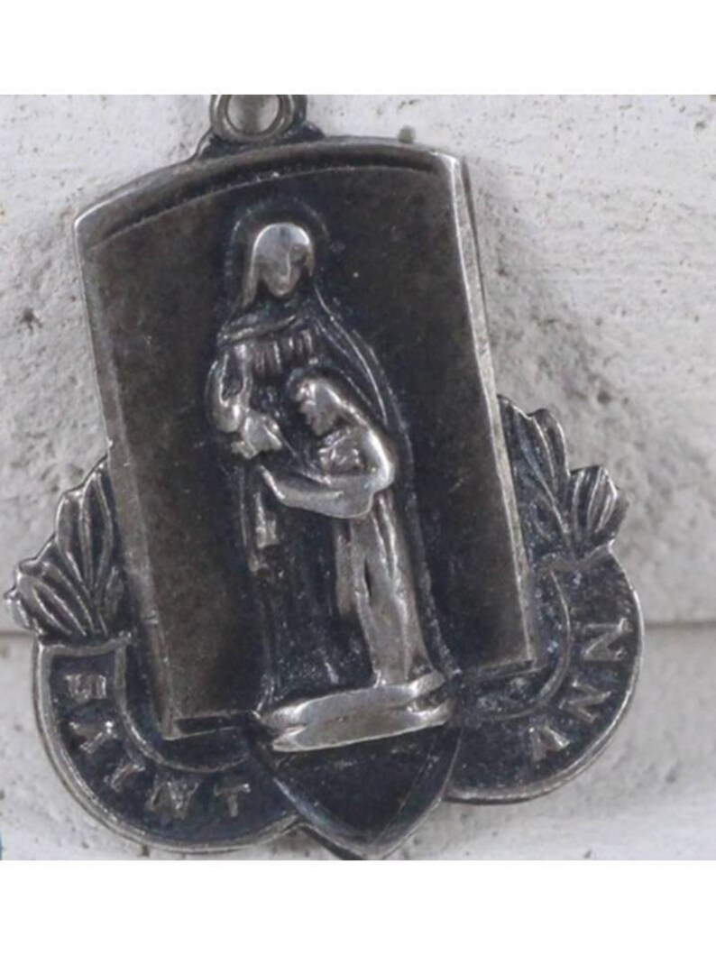 Saint Anne Vintage Sterling Religious Medal Pendant on 18 inch sterling silver rolo chain