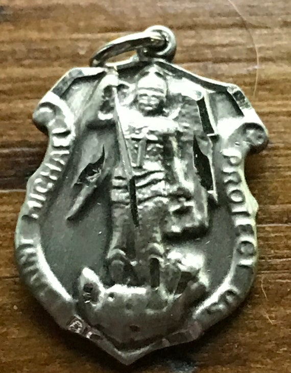 Vintage St Saint Michael Archangel Angel Sterling Silver Signed Creed Heavy Shield Religious Medal Pendant Necklace Long Steel Chain