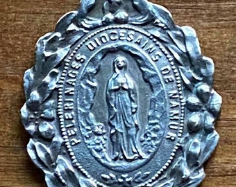 Immaculate Mary - Our Lady of Lourdes - Large Vintage Religious Medal Pendant on 18" sterling silver rolo chain