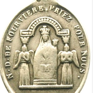 Antique Notre Dame Sterling Silver Medal Pendant - France, 18&quot; Chain