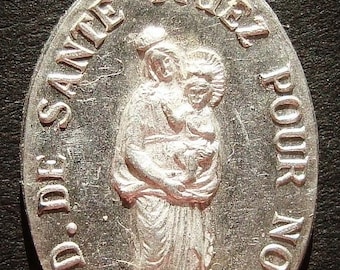 French Our Lady of Health Vintage Religious Medal Pendant on 18" sterling silver rolo chain