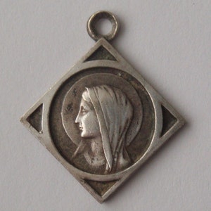 Vintage Sterling Silver Virgin Mary Medal Pendant - Diamond Shaped