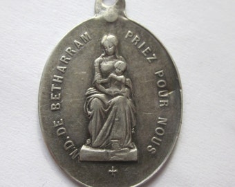 Madonna & Child SILVER Antique French Religious Medal on 18" sterling silver rolo chain