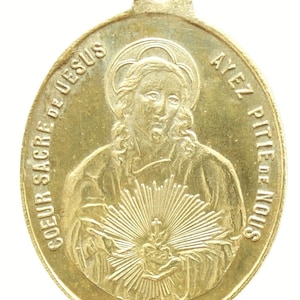 Sacred Heart of Jesus and Virgin Mary French Vintage Bronze Religious Medal on Black Cord
