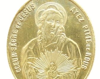 Vintage French Bronze Religious Medal: Sacred Heart of Jesus & Virgin Mary