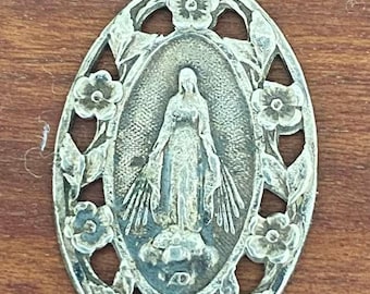 Virgin Mary Antique Art Nouveau Silver Religious Medal Pendant on 18" sterling silver rolo chain
