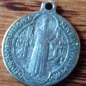 Saint Benedict Antique Religious Medal Pendant on 18&quot; sterling rolo chain