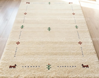 Gabbeh Beige Area Rug – Hand Tufted Wool Carpet, Tribal Handcrafted Home Decor Rugs