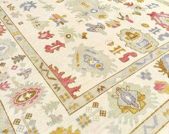 Cream Oushak Rug 8x10, Hand-Knotted Wool Floral Area Rug