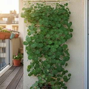 May include: A potted plant with lush, green, round leaves climbs a macrame trellis against a neutral wall. The plant is in a terracotta pot, and the trellis is made of natural wood and white rope. The scene is set on a balcony.