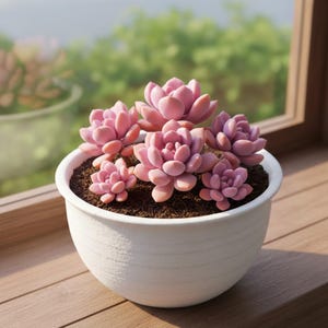 May include: A white ceramic pot filled with pink succulents. The succulents have fleshy, petal-like leaves and are arranged in a cluster. The pot sits on a wooden surface, with a blurred green background visible through a window.