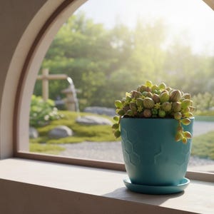 Op de afbeelding: Een turquoise keramische pot met een honingraatpatroon bevat een vetplant met groene en bruine bladeren. De pot staat op een bijpassende schotel op een vensterbank, met een vage tuin op de achtergrond.