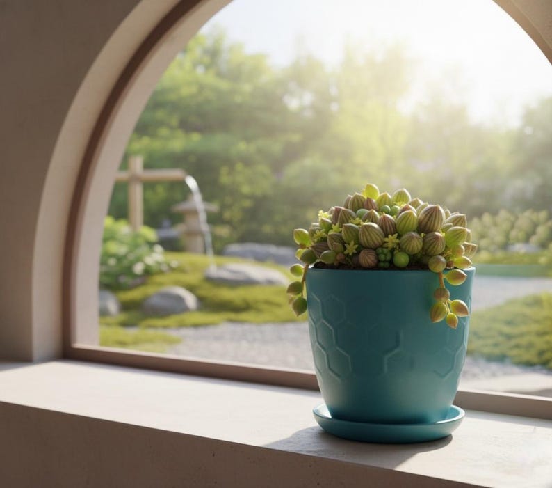 Op de afbeelding: Een turquoise keramische pot met een honingraatpatroon bevat een vetplant met groene en bruine bladeren. De pot staat op een bijpassende schotel op een vensterbank, met een vage tuin op de achtergrond.