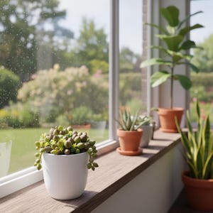 Op de afbeelding: Een witte keramische pot gevuld met een vetplant, geplaatst op een houten vensterbank. Andere potplanten, waaronder een vioolbladplant en een slangengras, zijn zichtbaar. Door het raam is een zonnige buitensc&egrave;ne te zien.