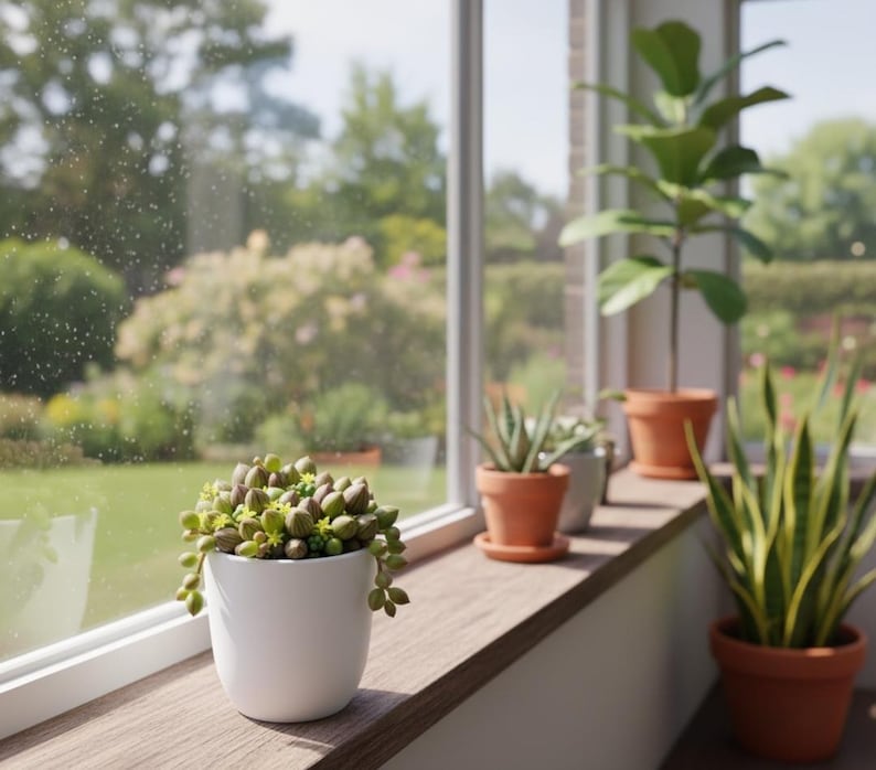 Op de afbeelding: Een witte keramische pot gevuld met een vetplant, geplaatst op een houten vensterbank. Andere potplanten, waaronder een vioolbladplant en een slangengras, zijn zichtbaar. Door het raam is een zonnige buitensc&egrave;ne te zien.