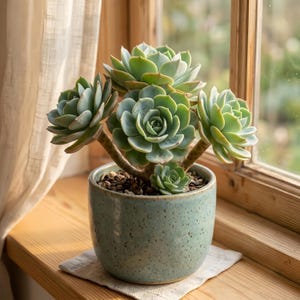 May include: A cluster of light green succulent plants with thick, fleshy, rosette-shaped leaves growing in a speckled, light blue-green ceramic pot. The plant features multiple stems of varying heights, with a small succulent sprout at the base.