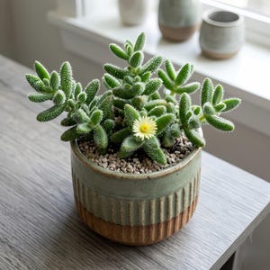 May include: A potted succulent plant with bright green, finger-like leaves and a small yellow flower. The plant is in a ceramic pot with a green and brown color scheme. The pot has vertical ribbed detailing.