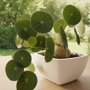 May include: A potted Stephania erecta plant with large, round, green leaves featuring prominent veining. The plant is in a square, white ceramic pot, set on a wooden surface. The background is blurred, showing greenery.